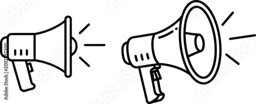 Black and white illustration of two megaphones with sound waves