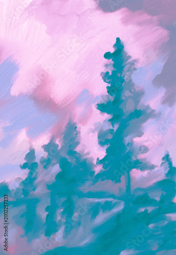 Impressionistic Sunset Sunrise Pine Trees w/ Reflections by a Lake w/Clouds in Sky Above-Digital Illustration, Painting, Art, Landscape w/Texture- in Teal, Lavender, Purple, Blue, Tan, & Gray