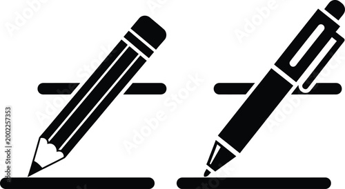 Black and white illustration of a pencil and pen crossing each other