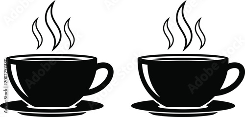 Two cups of coffee with rising steam a black and white illustration