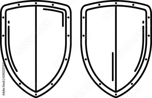 Two medieval kite shields black and white line art illustration