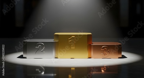 Three metallic podium blocks in silver gold and bronze colors with numbers 2 1 and 3 respectively illuminated by spotlight on dark background perfect for competition and achievement
