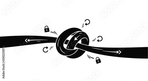 Black and white illustration of a knot with locks and arrows