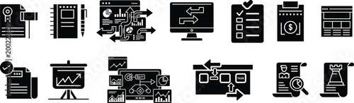 Business document analytics workflow icons set report checklist dashboard data analysis management strategy vector collection