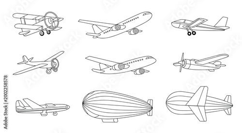 Collection of black and white line of various aircraft and airships airplane biplane propeller plane