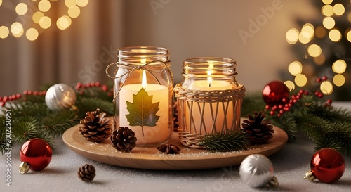 Rustic wooden tray filled with golden honey jars, fresh fruits, and candles on a cozy table red apples