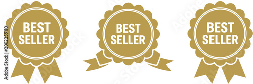 Best seller award ribbon set, badges vector collection, top product promotion labels, sales achievement icons, quality assurance seals, marketing and retail badges