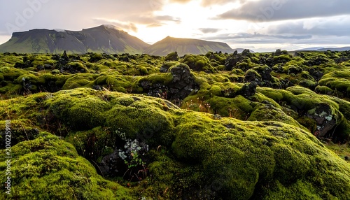 Moss-covered rocks, foreground, and mountains, sky with clouds, in background at sundown, picturesque outdoor scene