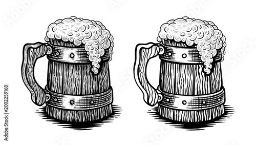 Beer wooden mug hand drawn vector illustration isolated on white. Decoration suitable for beer labels, and branding, craft brewery, brewing. 