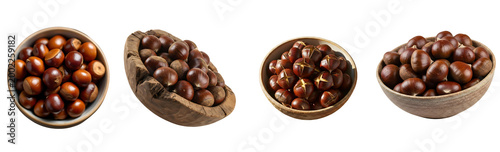 Bowl of ripe brown chestnuts with textured surface on white isolated on a transparent background food.