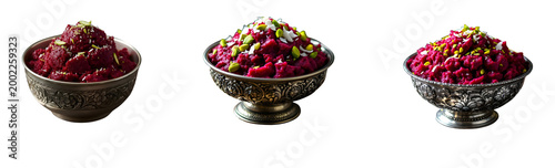 A close-up, eye-level shot captures a bowl of beet halwa