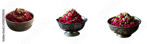 A close-up, eye-level shot captures a bowl of beet halwa