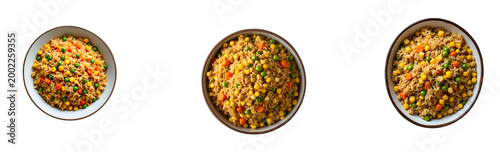 A close-up, overhead shot shows a bowl of fried rice filled with corn, peas, and diced carrots