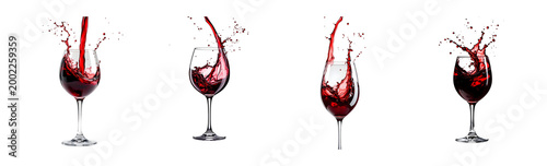 A crystal clear wine glass, filled with deep red wine, captured mid-pour with a dramatic splash
