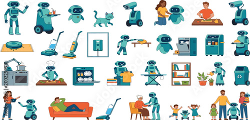 Comprehensive household service robot set featuring automated assistants for cleaning cooking senior care pet interaction and domestic chores in modern smart homes.