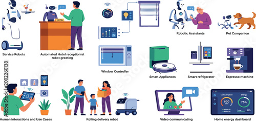Comprehensive smart home and service robot vector set featuring automated hotel receptionist robotic assistants pet companions delivery robots and home energy monitoring dashboards.