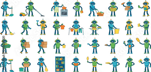 Helpful household service robot character set performing domestic chores like cleaning cooking laundry grocery shopping and home maintenance for smart technology concepts.