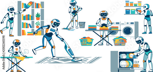 Helpful household service robot character set performing domestic chores like vacuuming ironing laundry dusting and loading dishwasher for futuristic smart home technology.