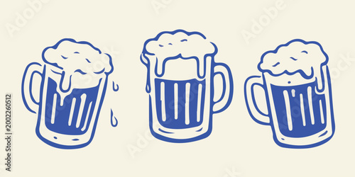 hand-drawn cobalt blue frothy beer mug set retro tavern illustration for brewery branding pub signage oktoberfest poster and craft beer label design