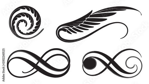 Swirl Wing and Infinity Flourishes for Tattoo Flash Art and Personal Branding Symbols to Represent Freedom and Continuous Motion in Modern Graphic Illustration and Apparel Design