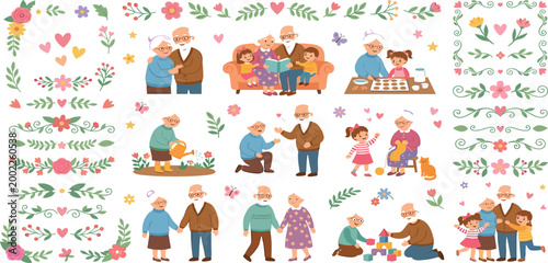 Loving grandparents and family character set with floral decorative borders featuring seniors gardening reading playing with grandchildren and baking for greeting card design.