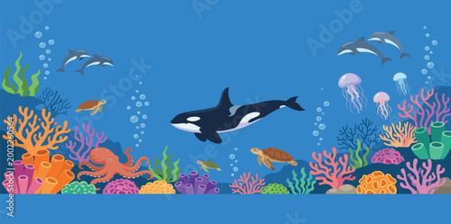 Majestic orca whale swimming in a vibrant coral reef alongside octopus sea turtles dolphins and jellyfish for marine biology and ocean conservation design projects.