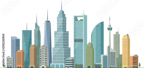 Modern city skyline vector illustration featuring a diverse range of skyscrapers urban office buildings and a high-tech communication tower for metropolitan business and architectural design.
