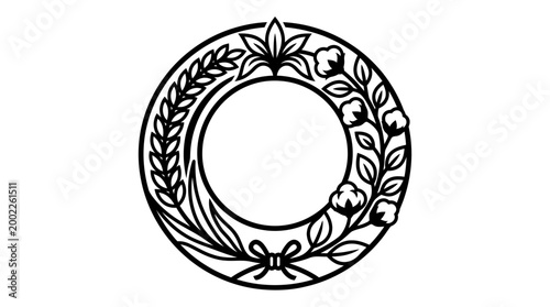 Decorative circular floral wreath illustration featuring wheat stalks cotton blossoms and a bow design element