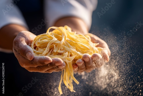 Chefs use their hands to toss raw fettuccine pasta in a busy kitchen
