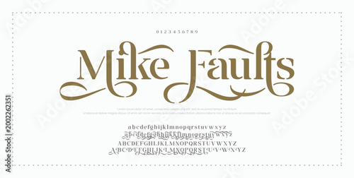 Mike Faults Luxury wedding alphabet letters font and number. Typography elegant classic lettering serif fonts decorative vintage retro with tails concept. vector illustration