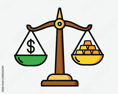 Scales of justice with money and gold balancing financial worth and value