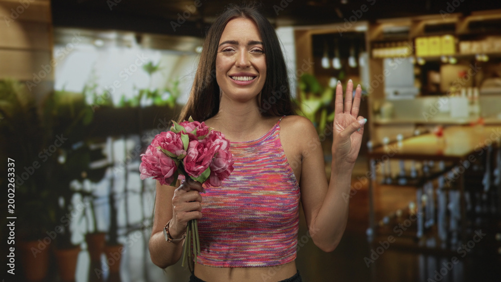 Naklejka premium Woman holding pink bouquet and holding up two fingers while smiling in restaurant interior; celebration joy.