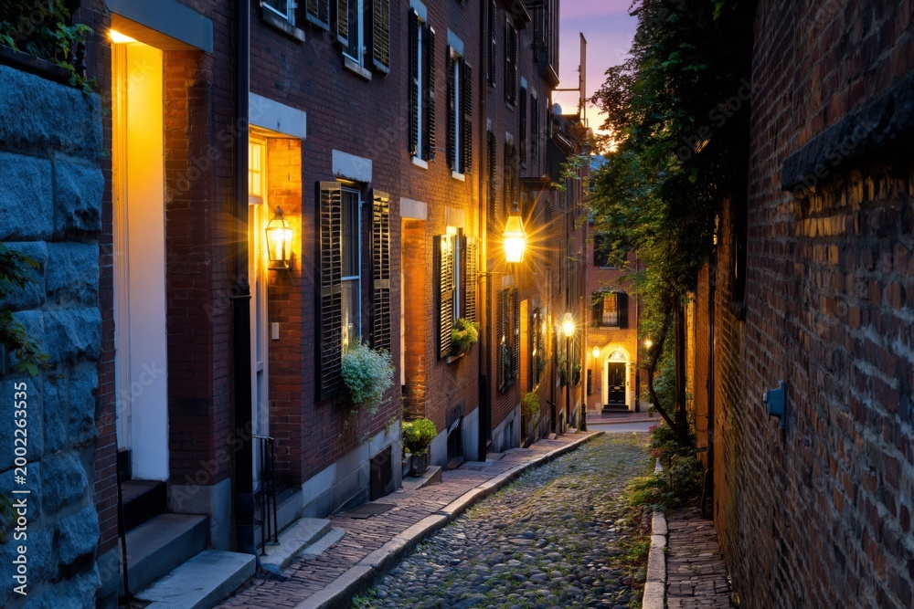 Fototapeta premium Cobblestone Street With Old Homes Lit by Lamps at Dusk in a Historic Area