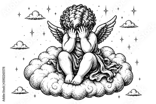 frustrated cupid angel sitting on a cloud with hands covering the face in a playful monochrome cartoon illustration