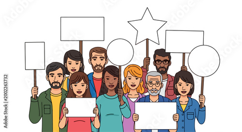 Diverse group of people holding protest signs.