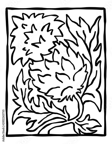 Hand drawn thistle flower in line art style with spiky leaves and bold shape. Decorative botanical illustration. Minimal doodle vector design for prints, wall art, tattoos, packaging and modern decor