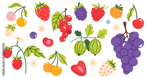 Colorful hand drawn berry set with strawberry, raspberry, blackberry, grapes, currant and gooseberry. Fresh summer fruits vector collection, bright and playful food illustration.