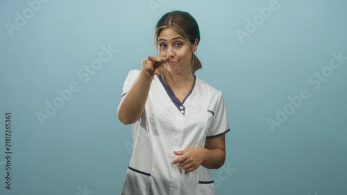 Принти на полотні Woman nurse in white uniform pointing finger at camera with visible hand and smirking facial expression in studio; skepticism and authority