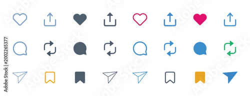Set of like icon, reply, repost, save, share icon signs - social media notification like comment, share icons. reactions collection set. vector illustration. eps 10