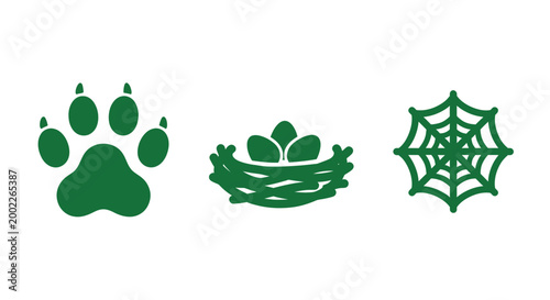 Green icons of animal paw, nest with leaves, and spider web on white background for eco concepts