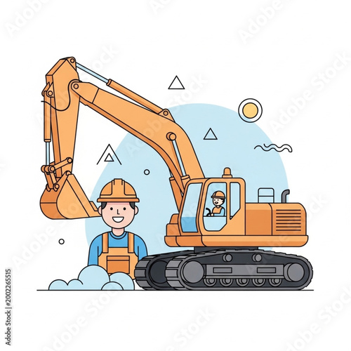 Construction worker and excavator machine on a blue background with abstract shapes.