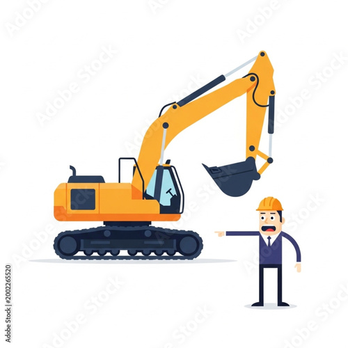 Construction worker directing an excavator machine on a white background.