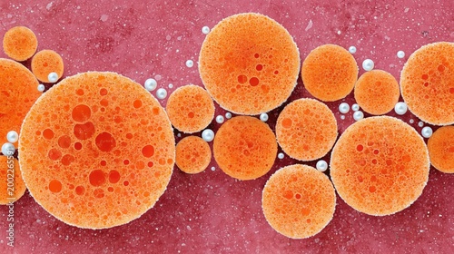 Orange foam circles floating on pink textured surface