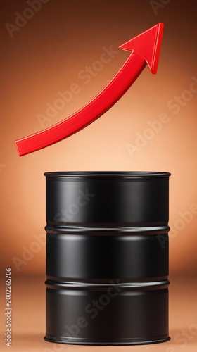 Black oil barrel under ascending red arrow on brown backdrop