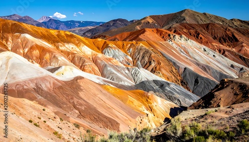 Multicolored mountains display earthy stripes under a clear blue sky, with distant peaks