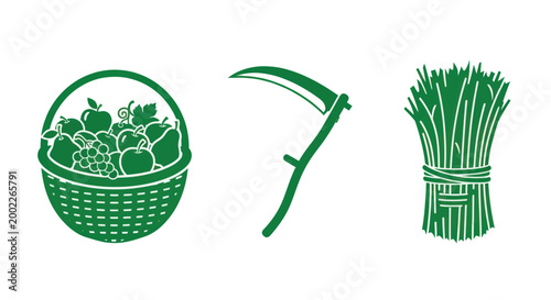 Green icons of fruit basket, sickle, and wheat sheaf on white background for agriculture and harvest concepts
