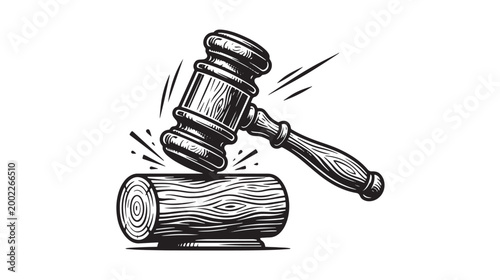 Vintage judge gavel vector illustration, wood hammer hitting sound block, legal justice and auction concept art, black and white engraved style