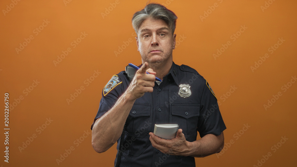 Naklejka premium Police officer man with visible badge and radio mic pointing finger while holding notepad in studio orange backdrop; seriousness duty.
