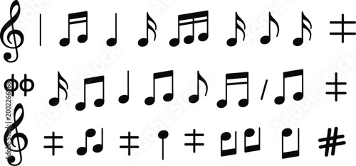 Black musical notes clefs and symbols on white background treble clef bass clef eighth note