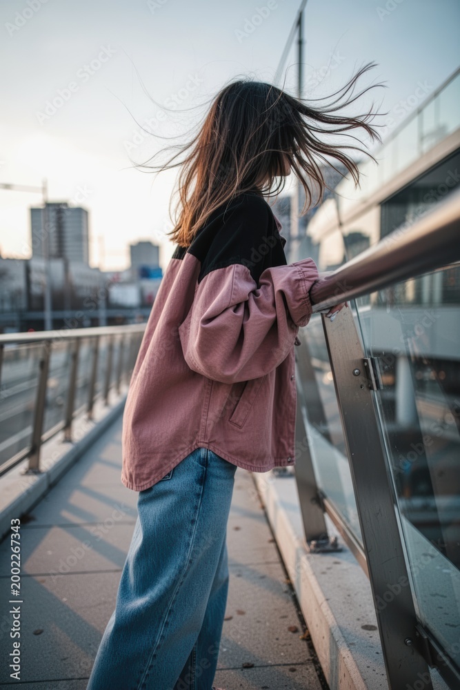 Obraz premium Woman silhouette on urban bridge with windswept hair and casual jacket